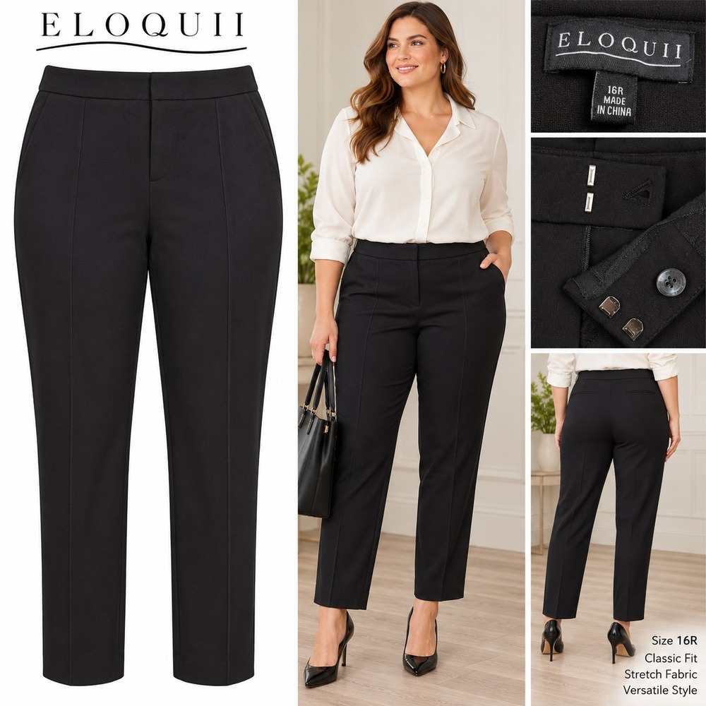 Eloquii Kady Fit Pants Women 16R Black Pintuck Front Stretch Trousers Workwear